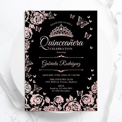 Black Rose Gold Roses Butterflies Quinceanera Invitation