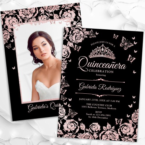 Black Rose Gold Roses Quinceanera Photo Invitation