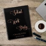 Black rose gold school work study typography 2026 planner<br><div class="desc">A chic black background.  Personalize and add a name and year.  Golden text: School,  work,  study</div>