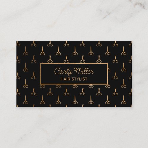 Black  Rose Gold Scissor Pattern Hair Stylist Business Card