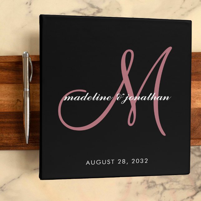 Black Rose Gold Script Monogram Wedding Album 3 Ring Binder (Creator Uploaded)