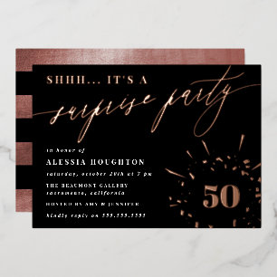Black & Rose Gold Script Surprise Party Foil Invitation