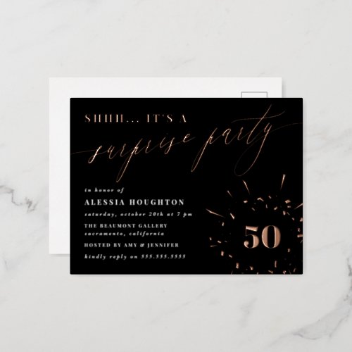 Black  Rose Gold Script Surprise Party Foil Invitation Postcard