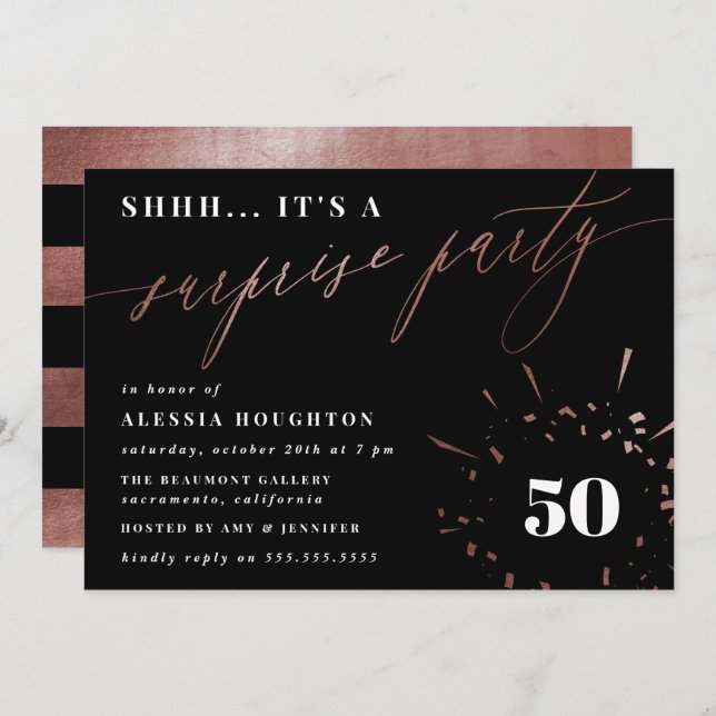 Black & Rose Gold Script Surprise Party Invitation (Front/Back)