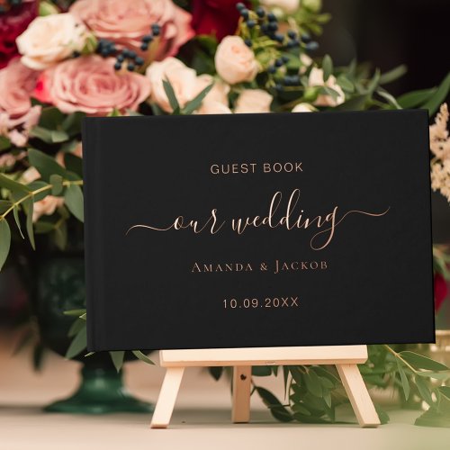 Black rose gold script wedding  foil guest book 