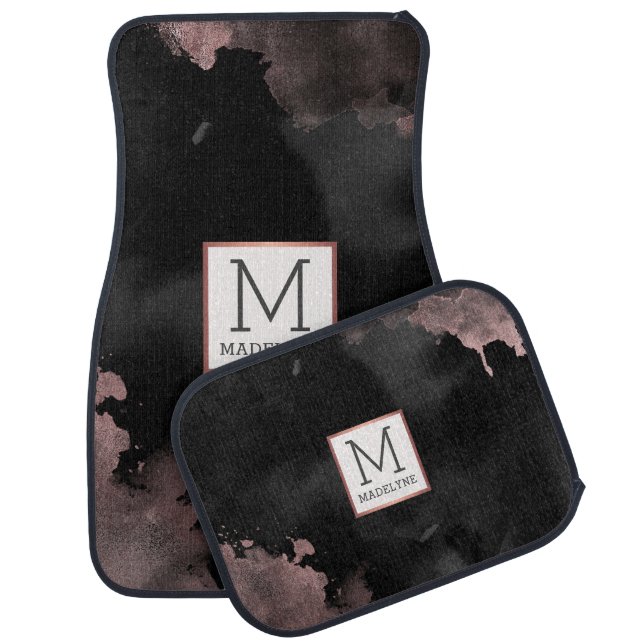 Black Rose Gold Shimmer Modern Monogram Car Floor Mat (Set)