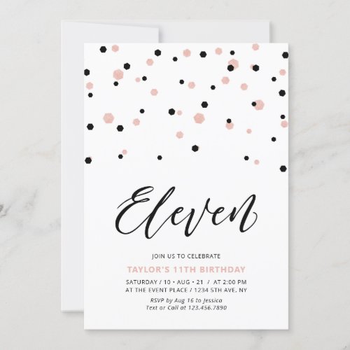 Black  Rose Gold Simple 11th Teen Birthday Party Invitation