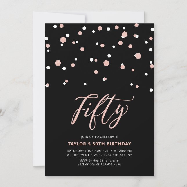 Black & Rose Gold Simple Fifty 50th Birthday Party Invitation (Front)