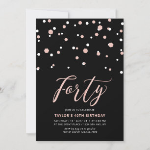 Black Rose Gold Simple Forty 40th Birthday Party I Invitation
