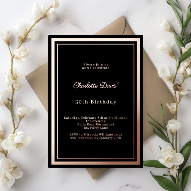 Black rose gold simple luxury birthday foil invitation (Creator Uploaded)