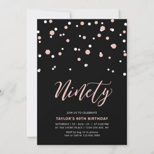 Black Rose gold Simple Ninety 90th Birthday Party  Invitation