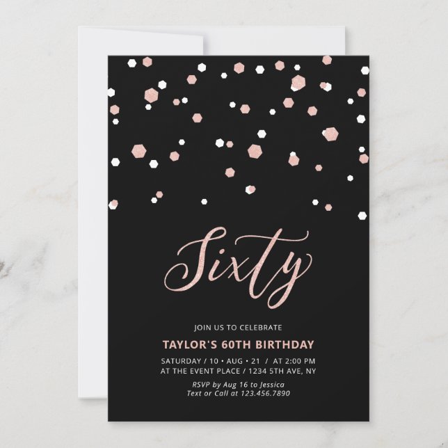 Black & Rose Gold Simple Sixty 60th Birthday Party Invitation (Front)