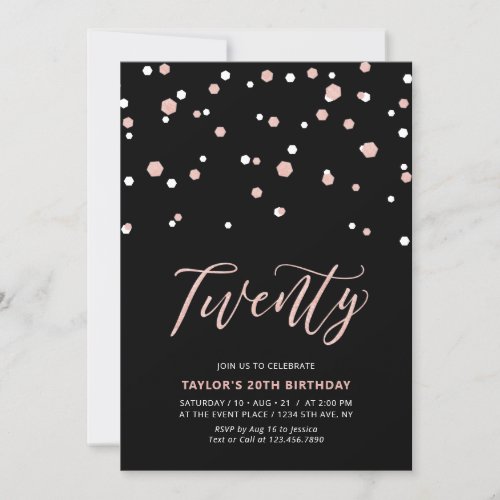 Black Rose gold Simple Twenty 20th Birthday Party  Invitation