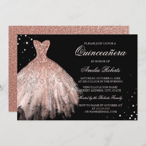 Black Rose Gold Sparkle Dress Quinceanera Invite