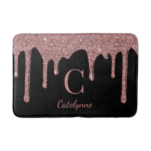 Black Rose Gold Sparkle Dripping Glitter Monogram Bath Mat