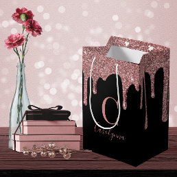 Black Rose Gold Sparkle Dripping Glitter  Monogram Medium Gift Bag