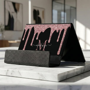 Black Rose Gold Sparkle Glitter Drip Monogram Desk Business Card Holder