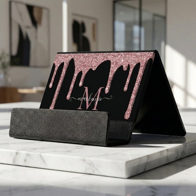 Black Rose Gold Sparkle Glitter Drip Monogram Desk Business Card Holder (Creator Uploaded)