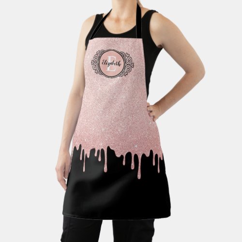 Black Rose Gold Sparkle Glitter Drips Apron