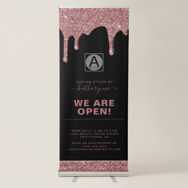 Black Rose Gold Sparkle Glitter Drips Business Retractable Banner (Front)