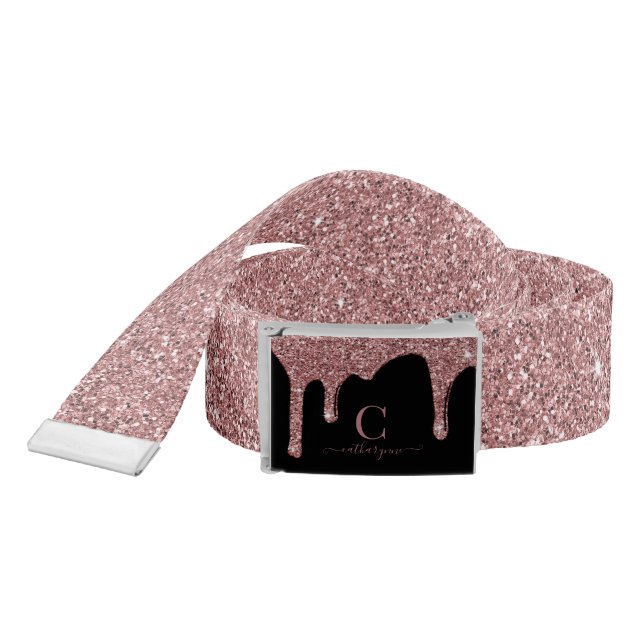 Black Rose Gold Sparkle Glitter Drips Monogram Belt (Snake)