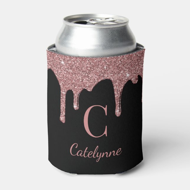 Black Rose Gold Sparkle Glitter Drips Monogram Can Cooler (Can Front)