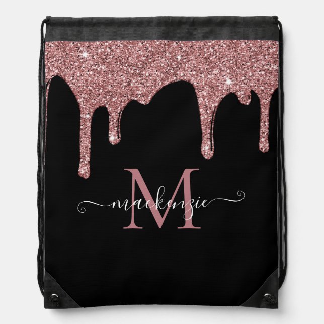 Black Rose Gold Sparkle Glitter Drips Monogram Drawstring Bag (Front)