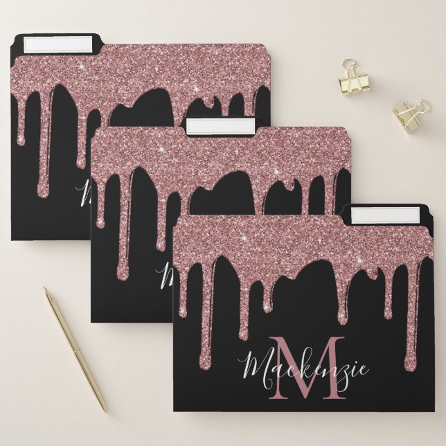 Black Rose Gold Sparkle Glitter Drips Monogram File Folder (Set)
