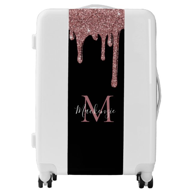 Black Rose Gold Sparkle Glitter Drips Monogram Luggage (Front)