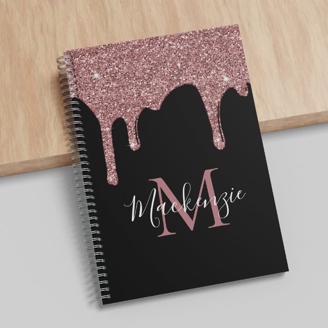 Black Rose Gold Sparkle Glitter Drips Monogram Notebook (Creator Uploaded)