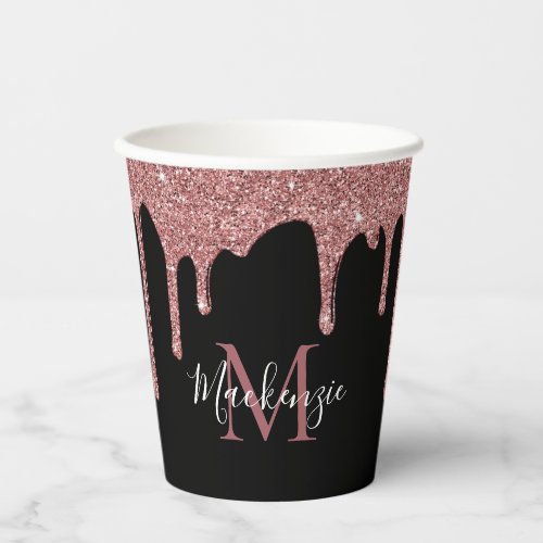 Black Rose Gold Sparkle Glitter Drips Monogram Paper Cups