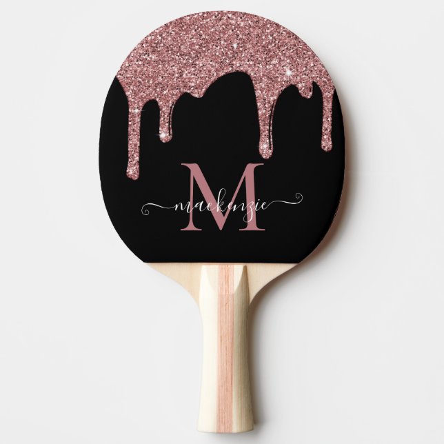 Black Rose Gold Sparkle Glitter Drips Monogram Ping Pong Paddle (Front)