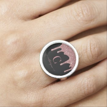 Black Rose Gold Sparkle Glitter Drips Monogram Ring by CedarAndString at Zazzle