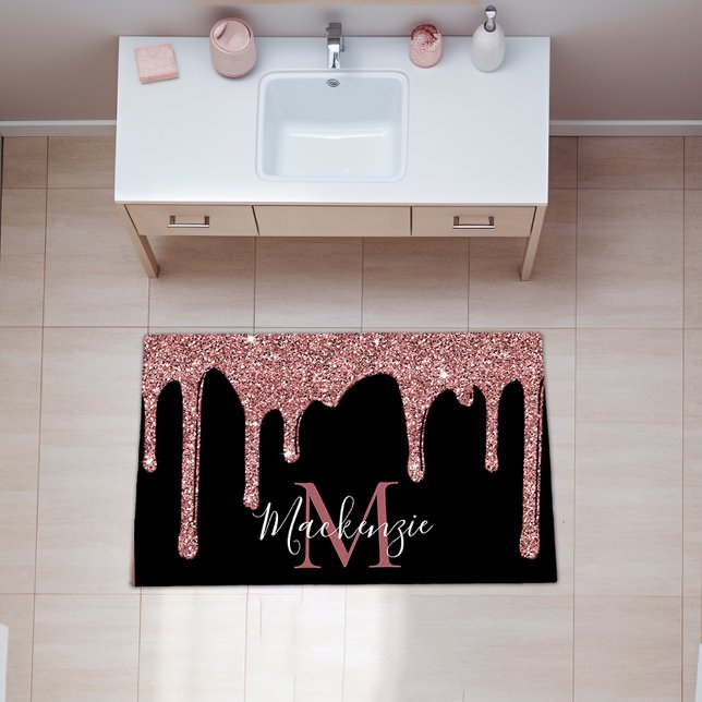 Black Rose Gold Sparkle Glitter Drips Monogram Rug (Black and Rose Gold Glitter Drips Area Rug)