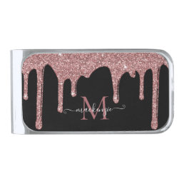 Black Rose Gold Sparkle Glitter Drips Monogram Silver Finish Money Clip