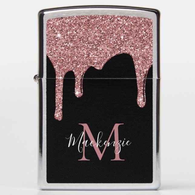 Black Rose Gold Sparkle Glitter Drips Monogram Zippo Lighter (Front)