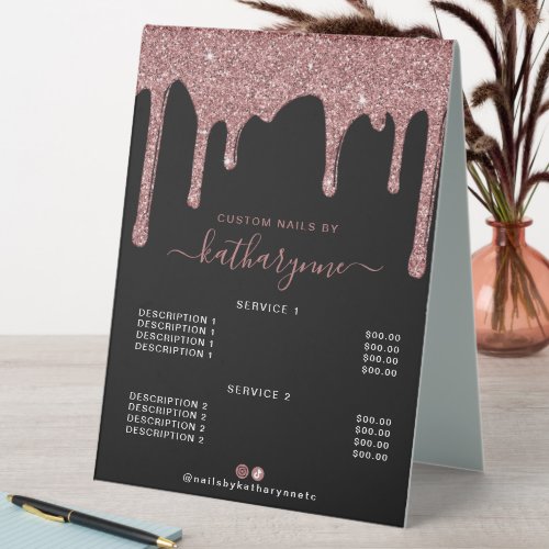 Black Rose Gold Sparkle Glitter Drips Price List Table Tent Sign