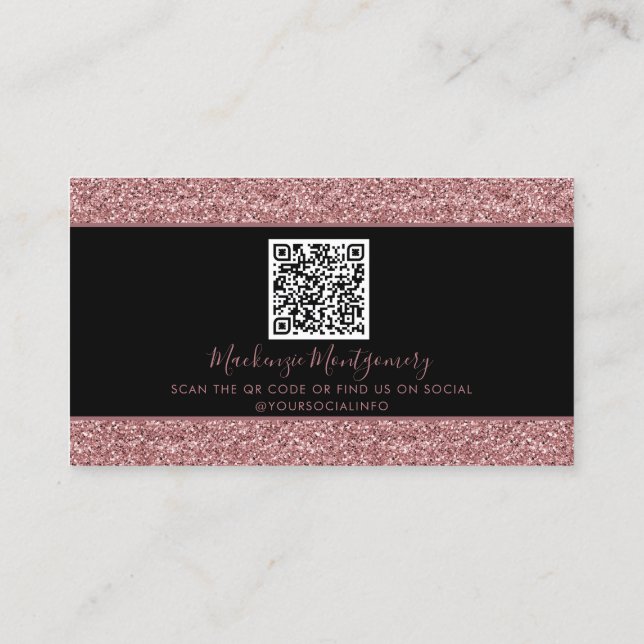 Black Rose Gold Sparkle Glitter Drips QR Code Business Card (Back)