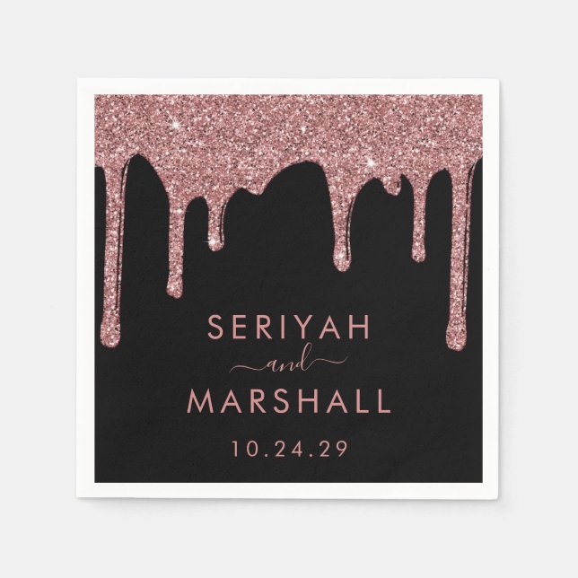Black Rose Gold Sparkle Glitter Drips Wedding Napkins (Front)