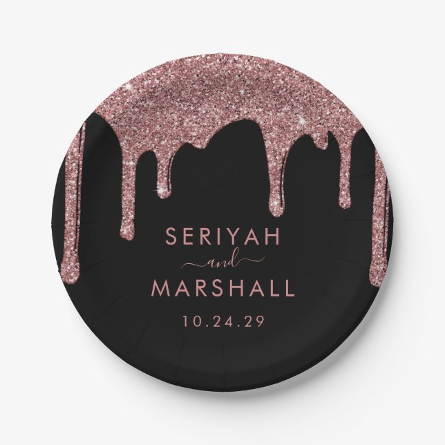 Black Rose Gold Sparkle Glitter Drips Wedding Paper Plates (Front)