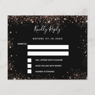 Black rose gold sparkles budget wedding RSVP Flyer