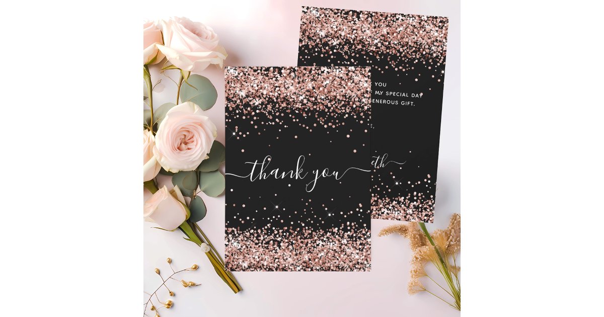 Black rose gold sparkles script thank you card | Zazzle