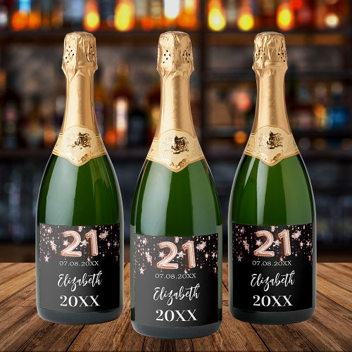 Black rose gold stars 21st birthday sparkling wine label