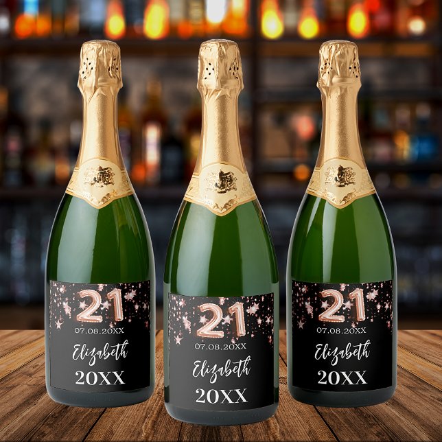 Black rose gold stars 21st birthday sparkling wine label (Creator Uploaded)