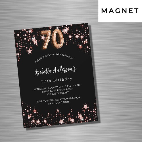 Black rose gold stars luxury 70th birthday magnetic invitation