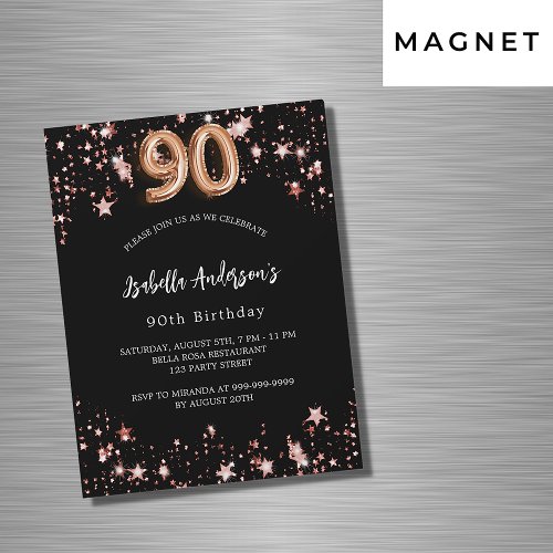 Black rose gold stars luxury 90th birthday magnetic invitation