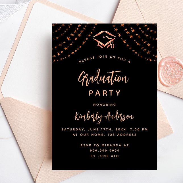 Black rose gold stars luxury graduation party invitation (Creator Uploaded)