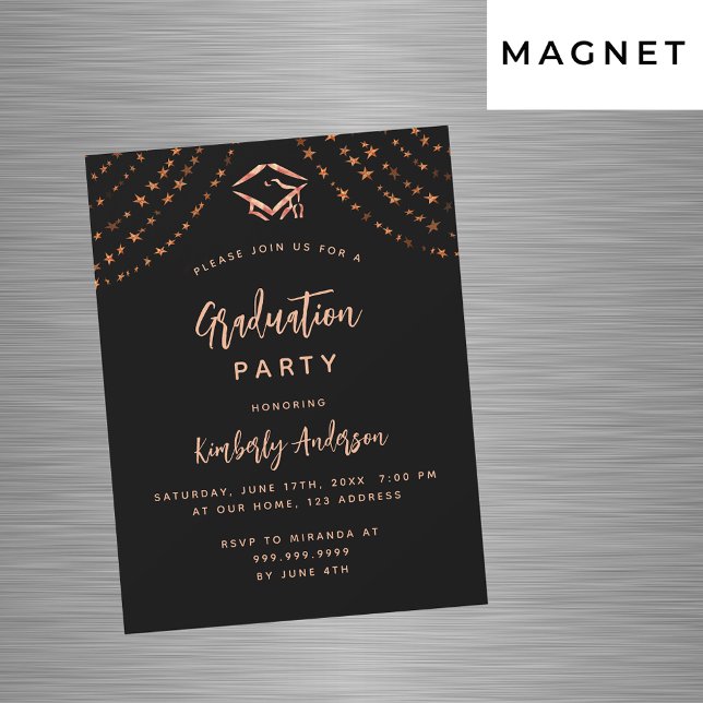 Black rose gold stars luxury graduation party magnetic invitation (Creator Uploaded)