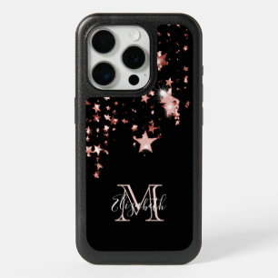 Black rose gold stars monogram name iPhone 15 pro case