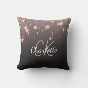 Black rose gold stars monogram name outdoor pillow